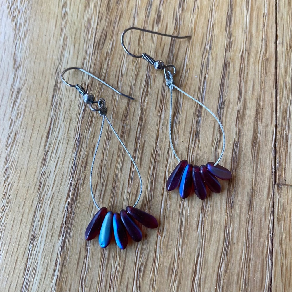 Purple and Blue Beaded Earrings on Silver Hooks
